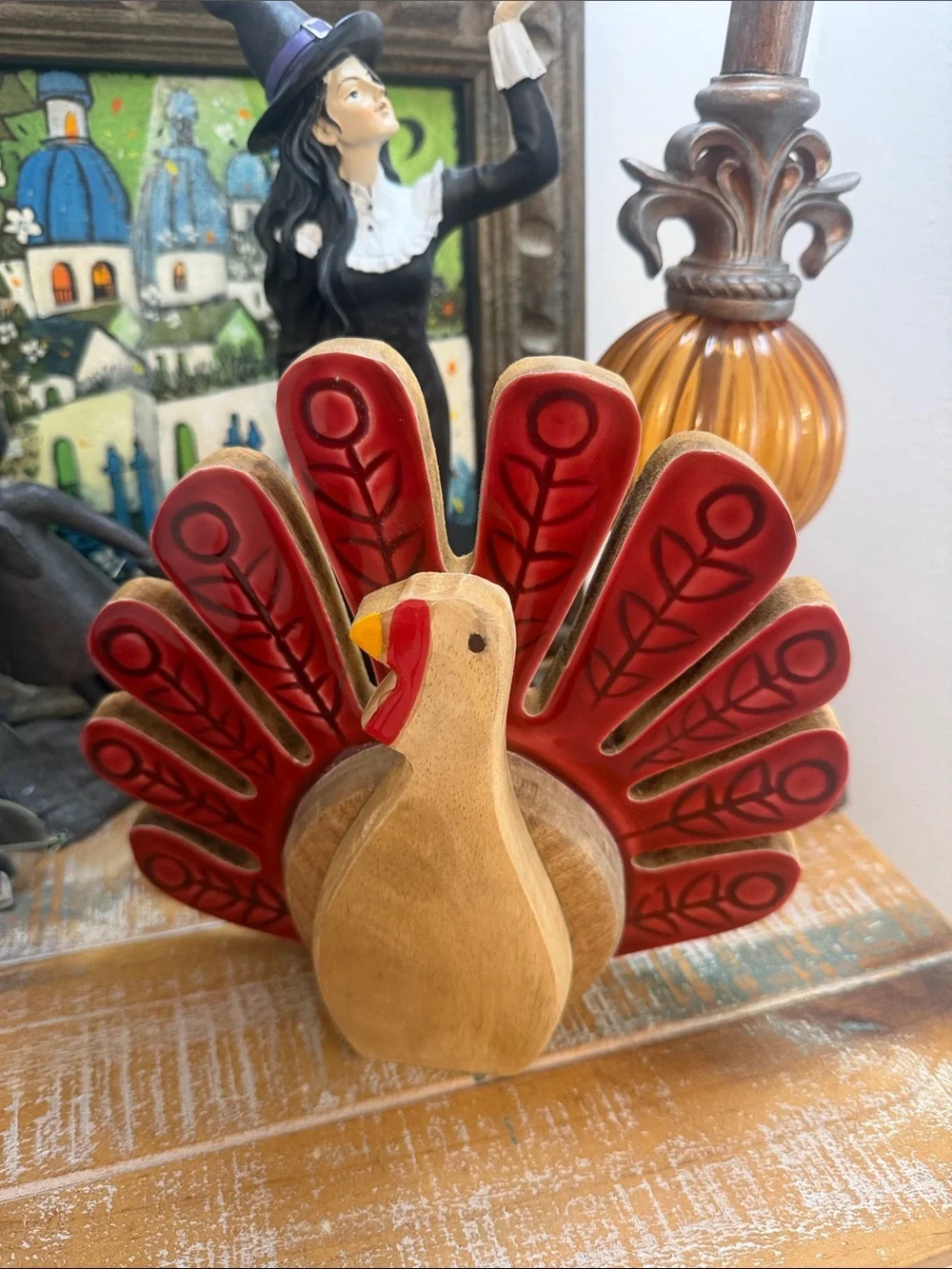 Thanksgiving Wooden Turkey with Red Feathers Holiday Decor